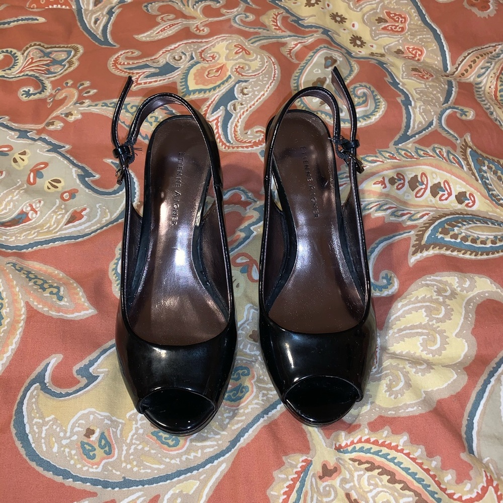 Black Patent Leather Platform Sling-Backs